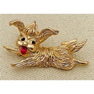 Vintage MONET Gold Tone Black Rhinestone Eyes Dog Brooch Pin